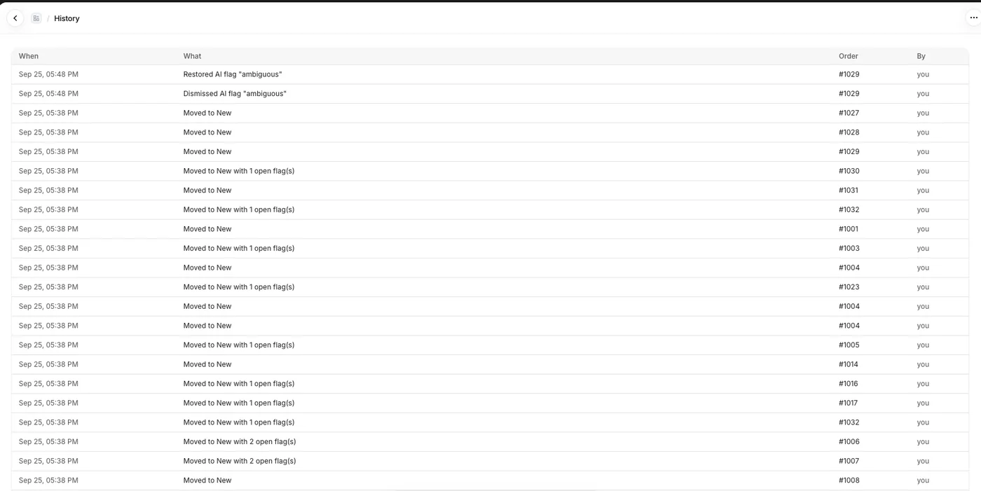 The History page listing actions with time, description, order number and who did it.