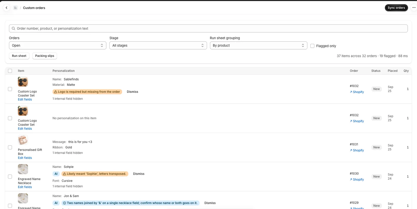 The Orders page: each line item lists the customer's fields, with a missing-logo flag and an AI typo flag.