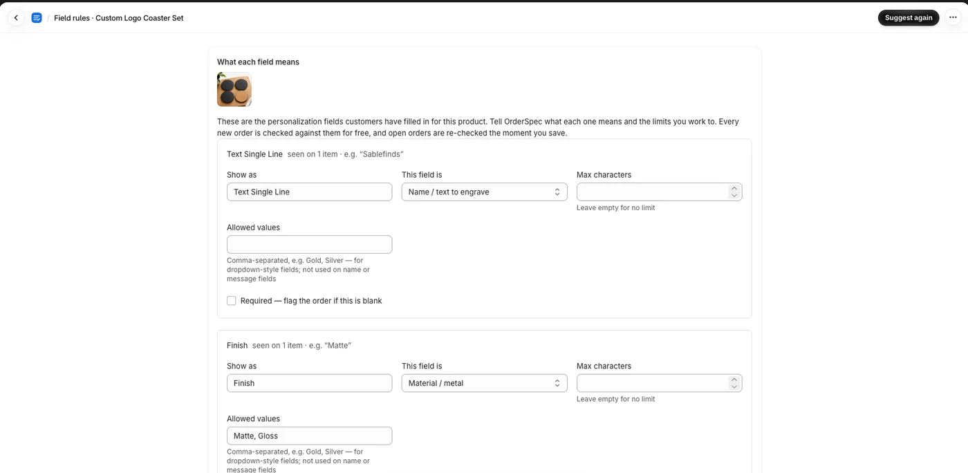 The Field rules page for a product, with a label, meaning, character limit, allowed values and a required box for each field.