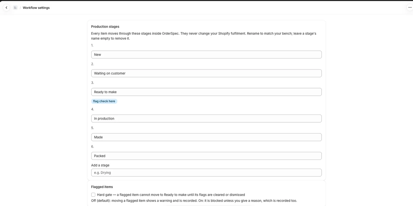 Workflow settings: six production stages you can rename, and the hard gate option for flagged items.